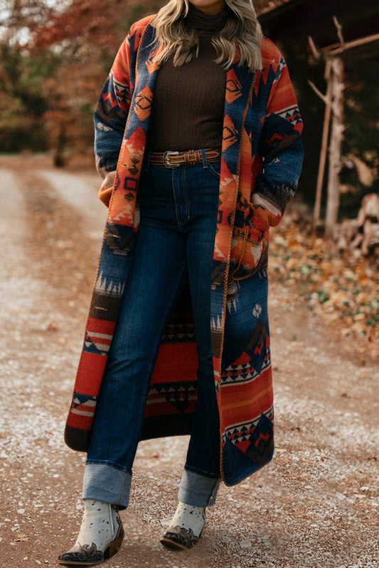 Aztec Printed Lapel Long Jacket