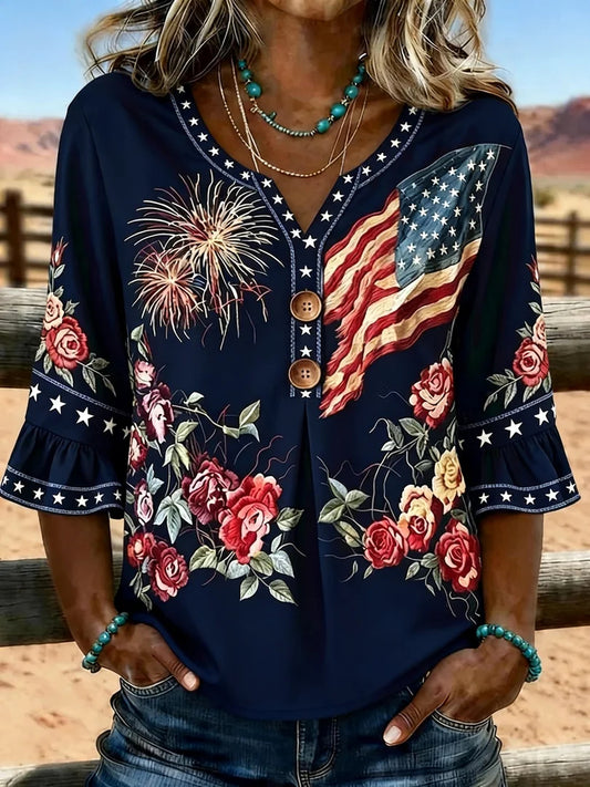 Women's Vintage American Flag Floral Print Notch Neck Ruffle Sleeve Blouse