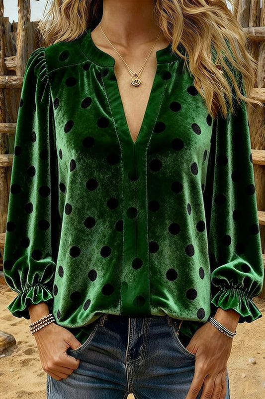 Polka Dot Print V-Neck Velvet Top