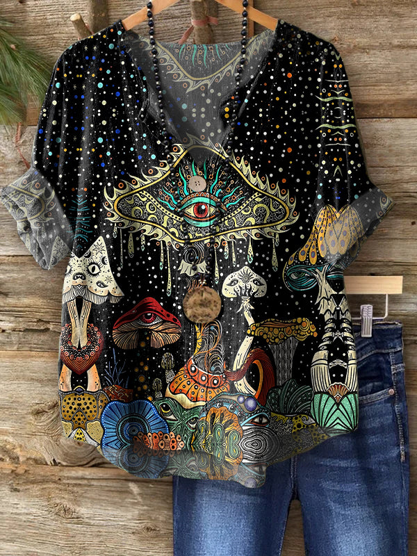Women's Hippie Mushroom Art Print Casual Cotton Linen Shirt