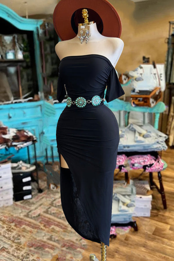 Solid Color Off-shoulder Slit Midi Dress