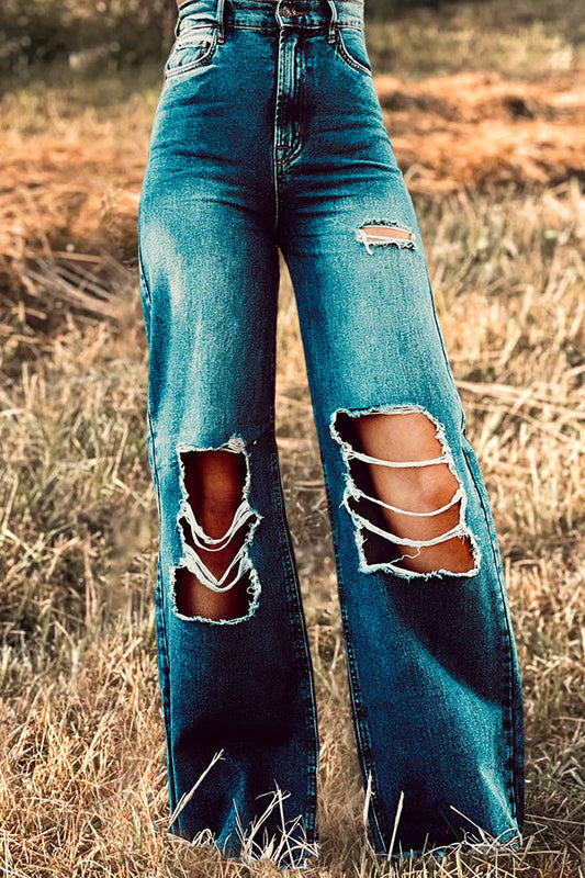 Vintage Wash Distressed Flared Jeans