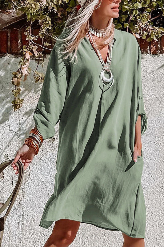 Green Roll-Tab Sleeve Notch Neck Boho Tunic Dress