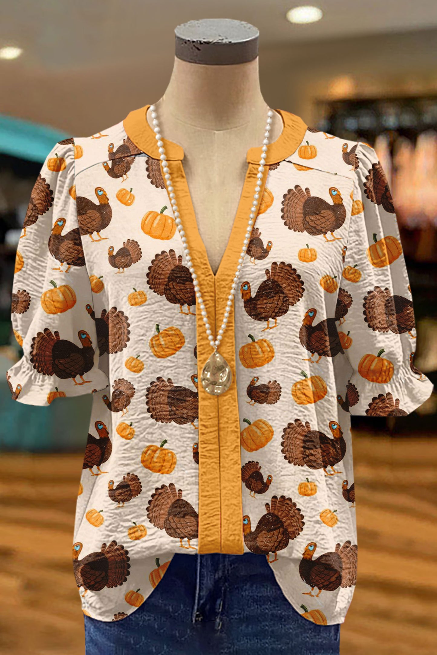 Thanksgiving Turkey Pumpkin Print Puff Sleeve Top