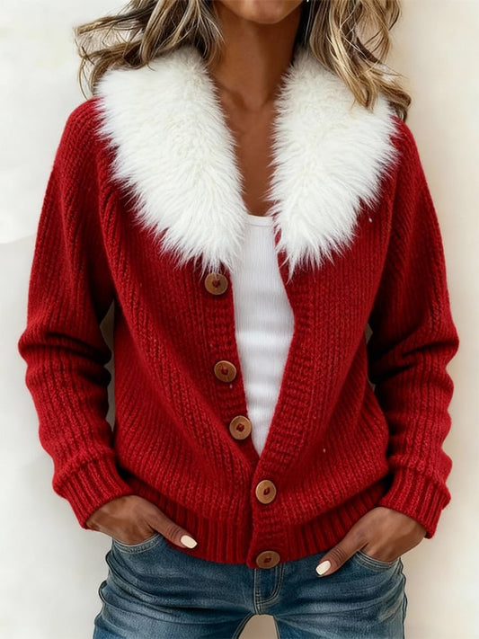 Women'S Casual Color-Blocked Knit Sweater With Fur Collar