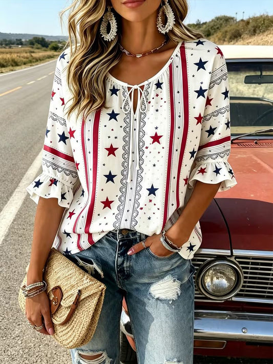 Women's Vintage American Flag Print Patchwork Casual Shirt