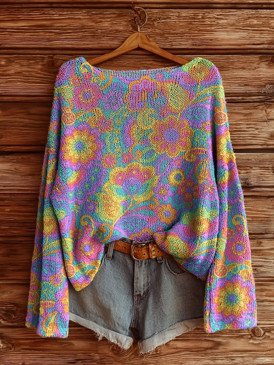 Women's Bohemian Hippie Floral Power Art Pattern Print Casual Pullover Sweater
