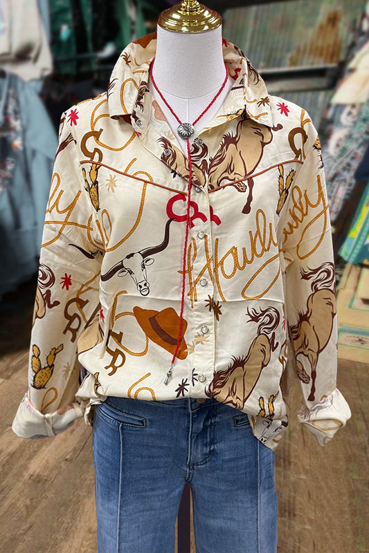 Western Howdy Cowboy Print Button Up Blouse