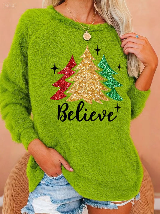 Women's Christmas Green Plush Art T-shirt