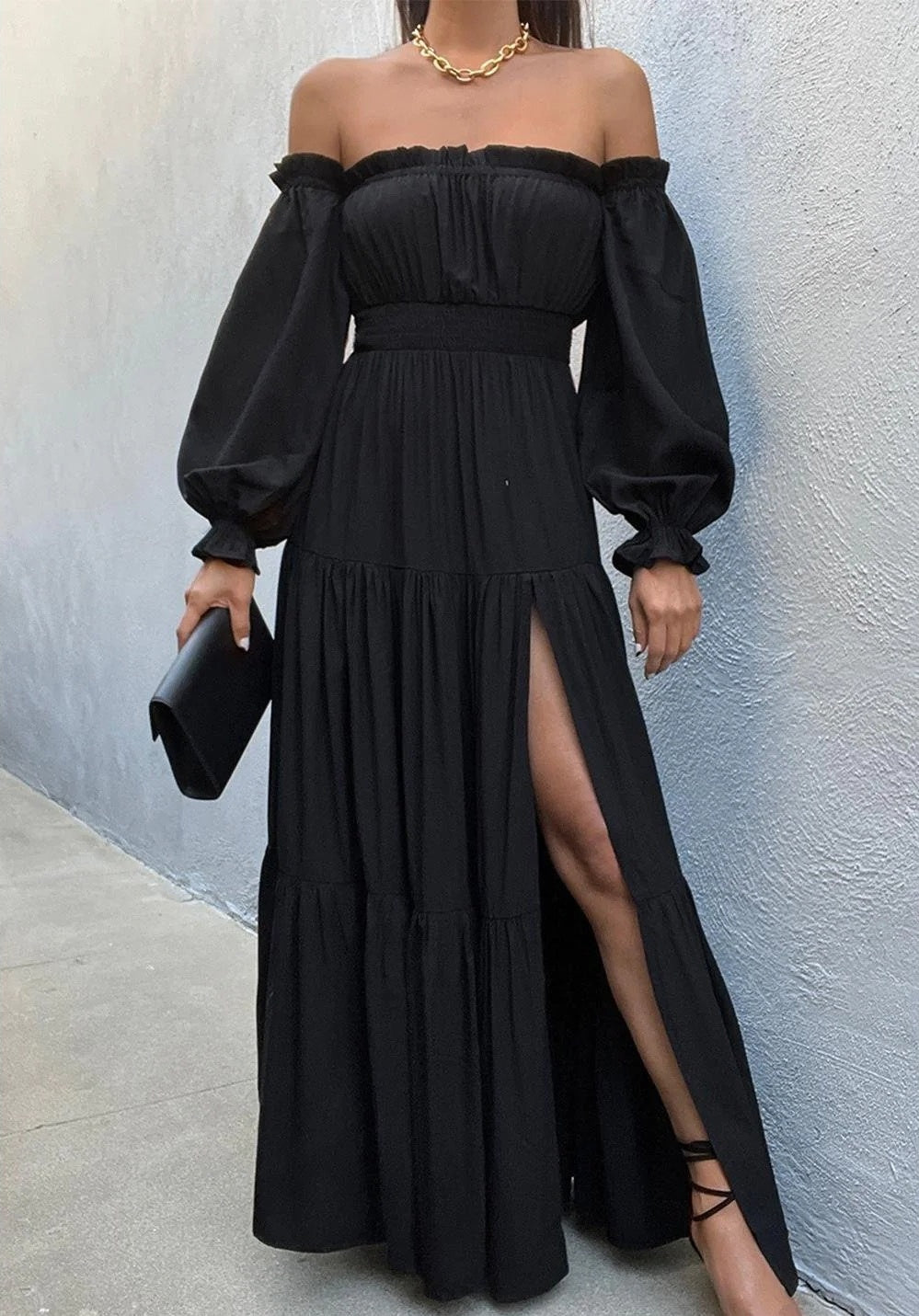 Ruffled Sleeves High Slit Off-the-shoulder Dress