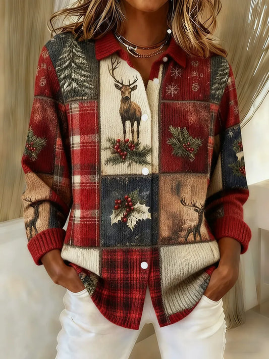 Women's Christmas Reindeer Art Print Knit Cardigan