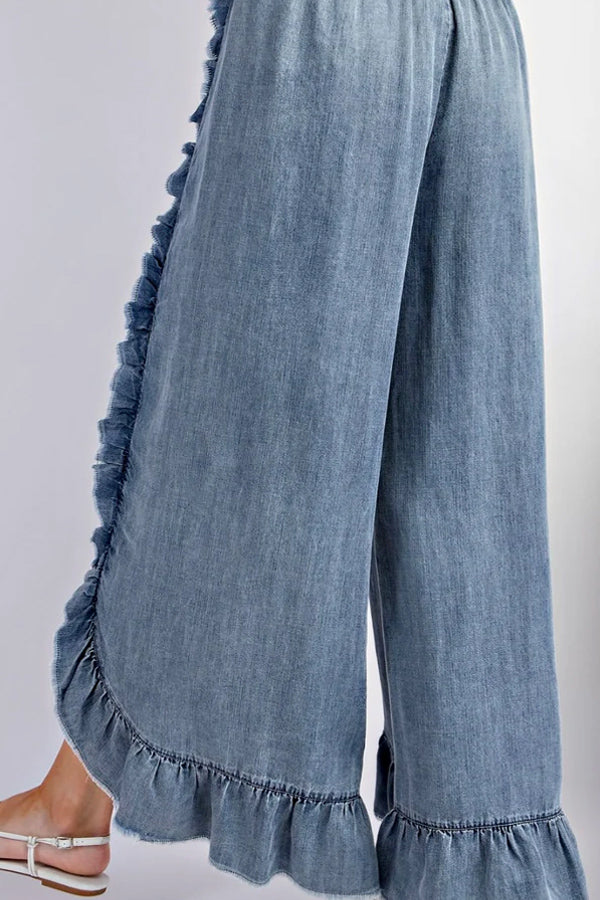 Boho Ruffle Detailed Raw Hem Denim Pants