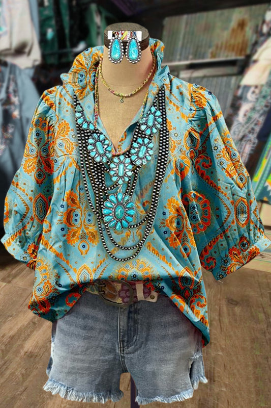 Vintage Mixed Print Puff Sleeve Top