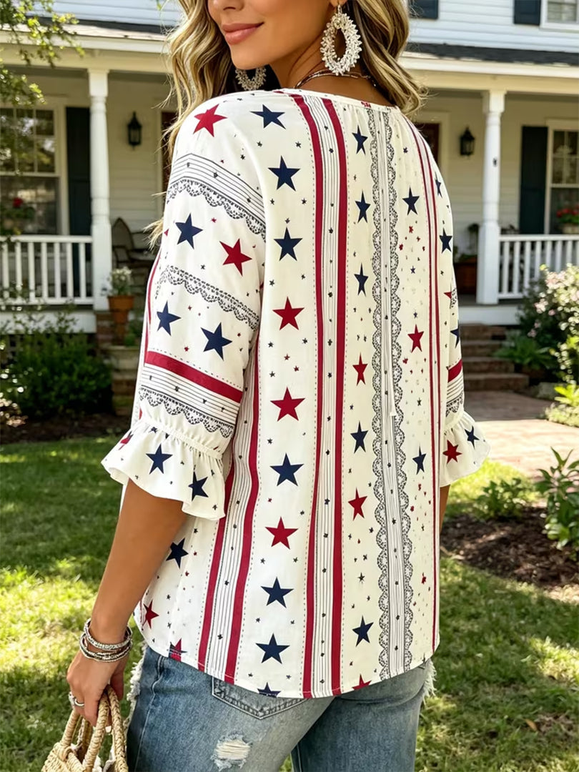 Women's Vintage American Flag Print Patchwork Casual Shirt