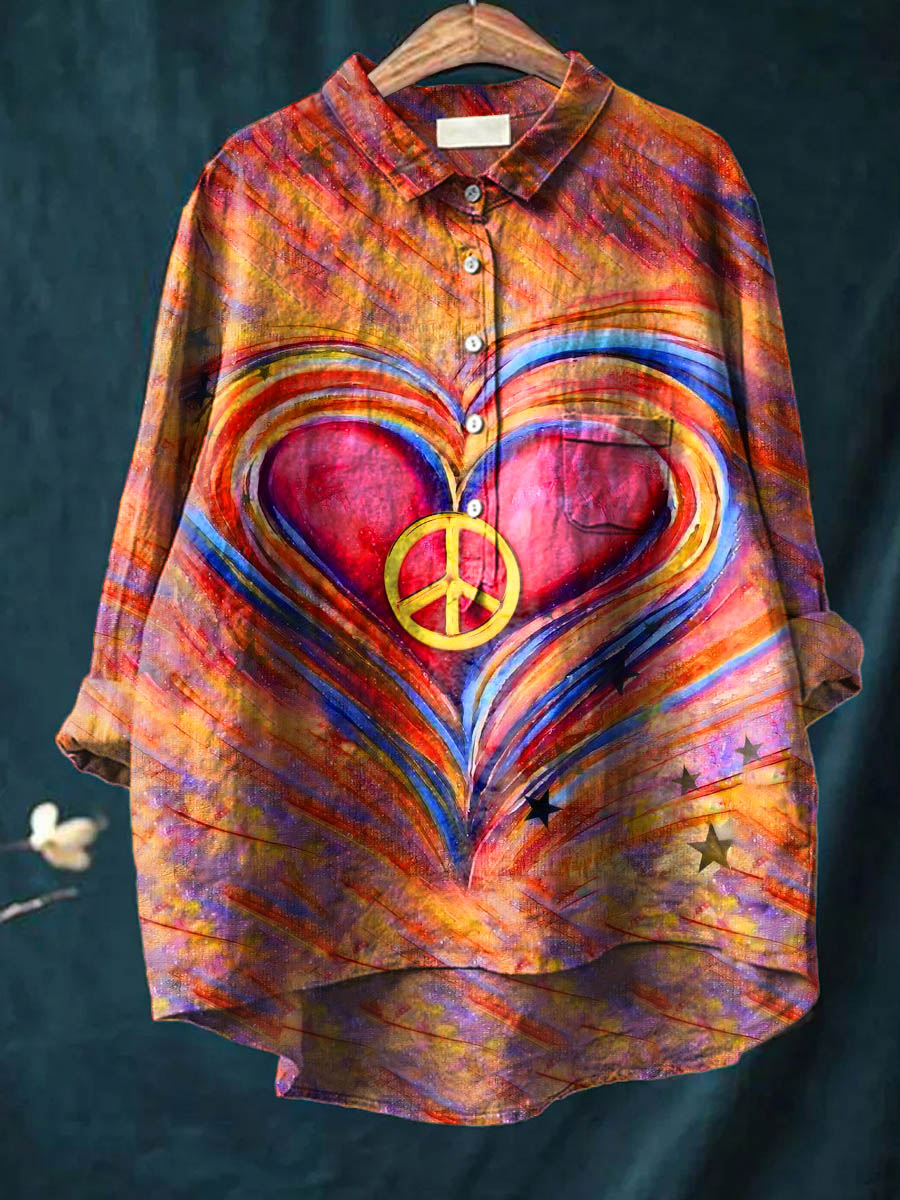 Peace And Love Heart Art Pattern Print Casual Cotton And Linen Shirt