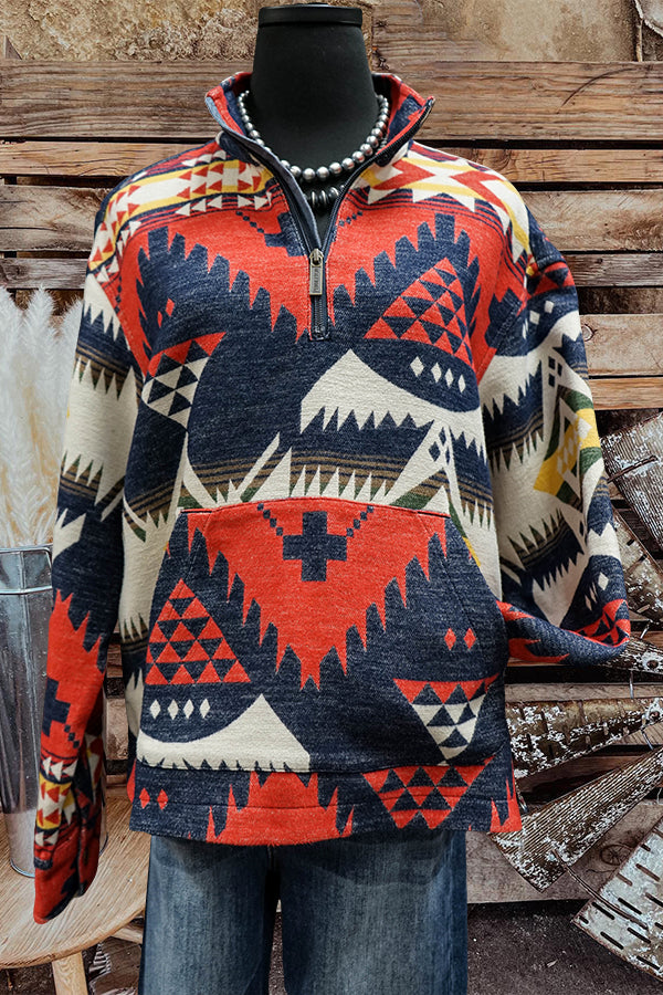 Western Print Half Zip Pullover