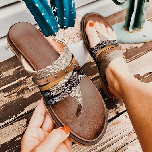 Studded Snake-print Flip Flops