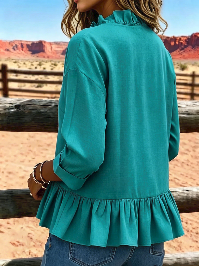 Women's Vintage Art Print Ruffle Collar Casual Shirt