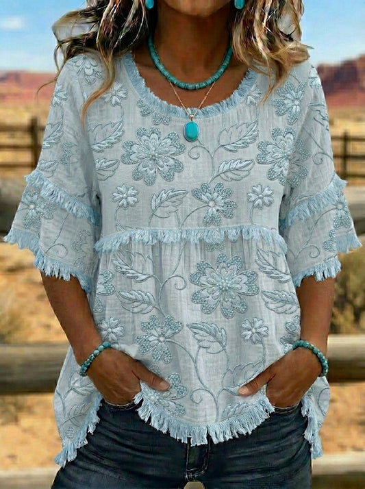 Vintage Floral Art Print Patchwork Cotton And Linen Shirt