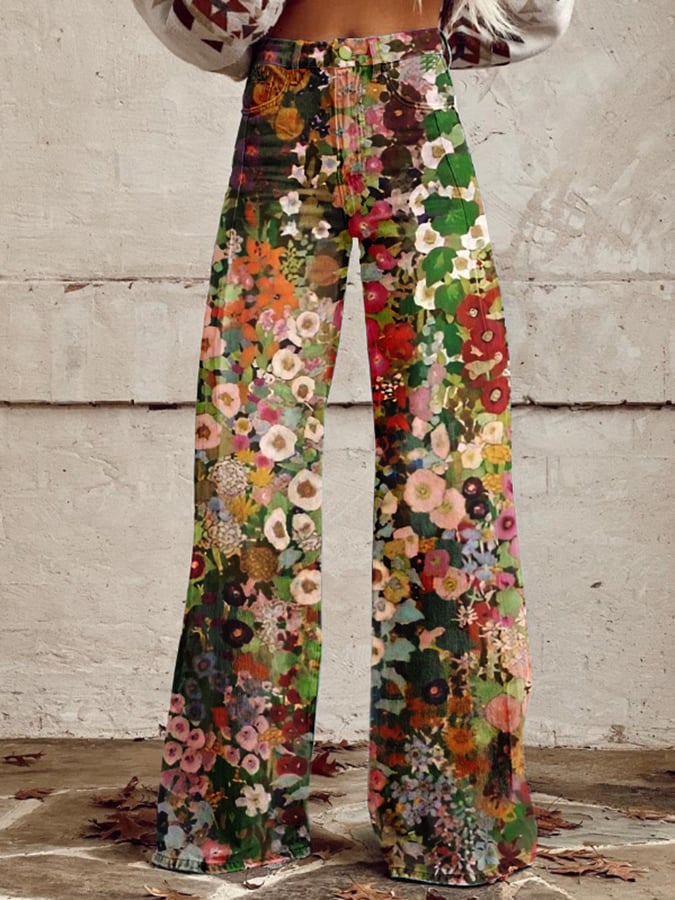 Women's Vintage Oil Painting Floral Wide Leg Pants