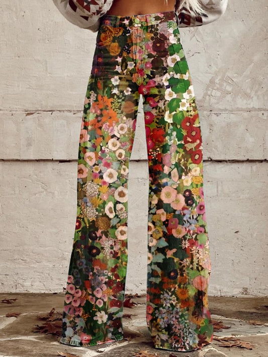 Women's Vintage Oil Painting Floral Wide Leg Pants