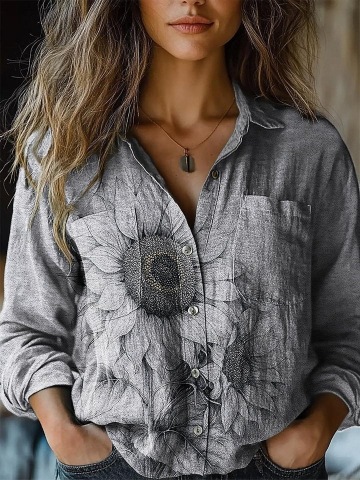 Women's Retro Texture Sunflower Print Casual V-neck T-shirt