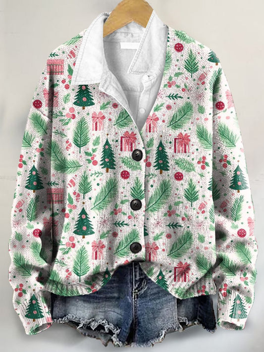 Christmas Tree Art Print Buttoned V-neck Cardigan Sweater