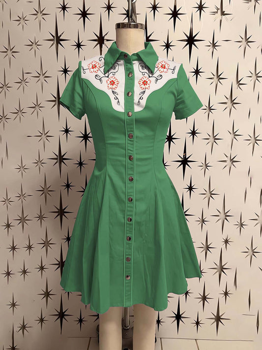 Western Vintage Cactus Printed Shirt Dress