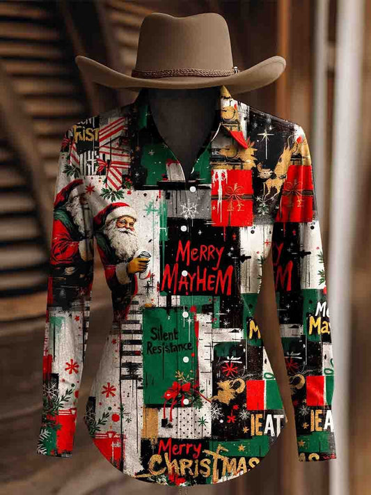 Women&#39;s Vintage Print Christmas Western Long Sleeve Shirt