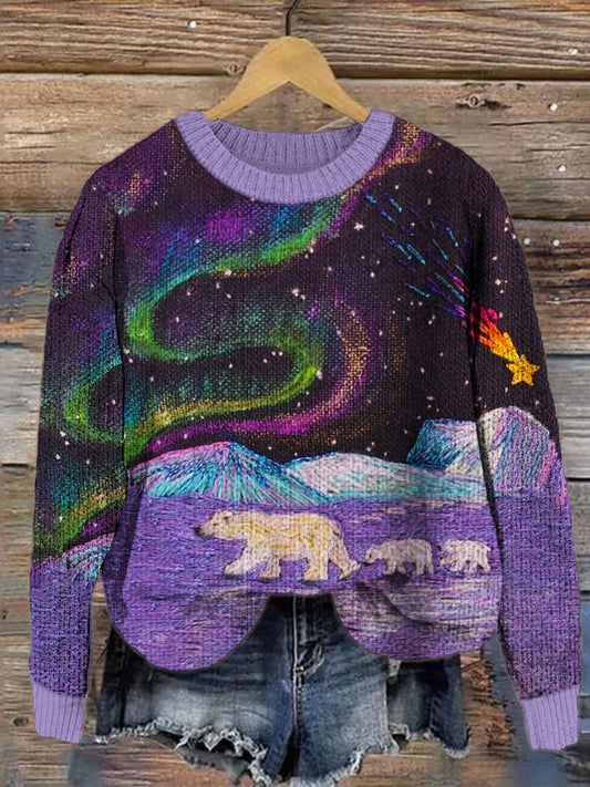 Polar Bear & Colorful Aurora Art Women's Knit Sweater