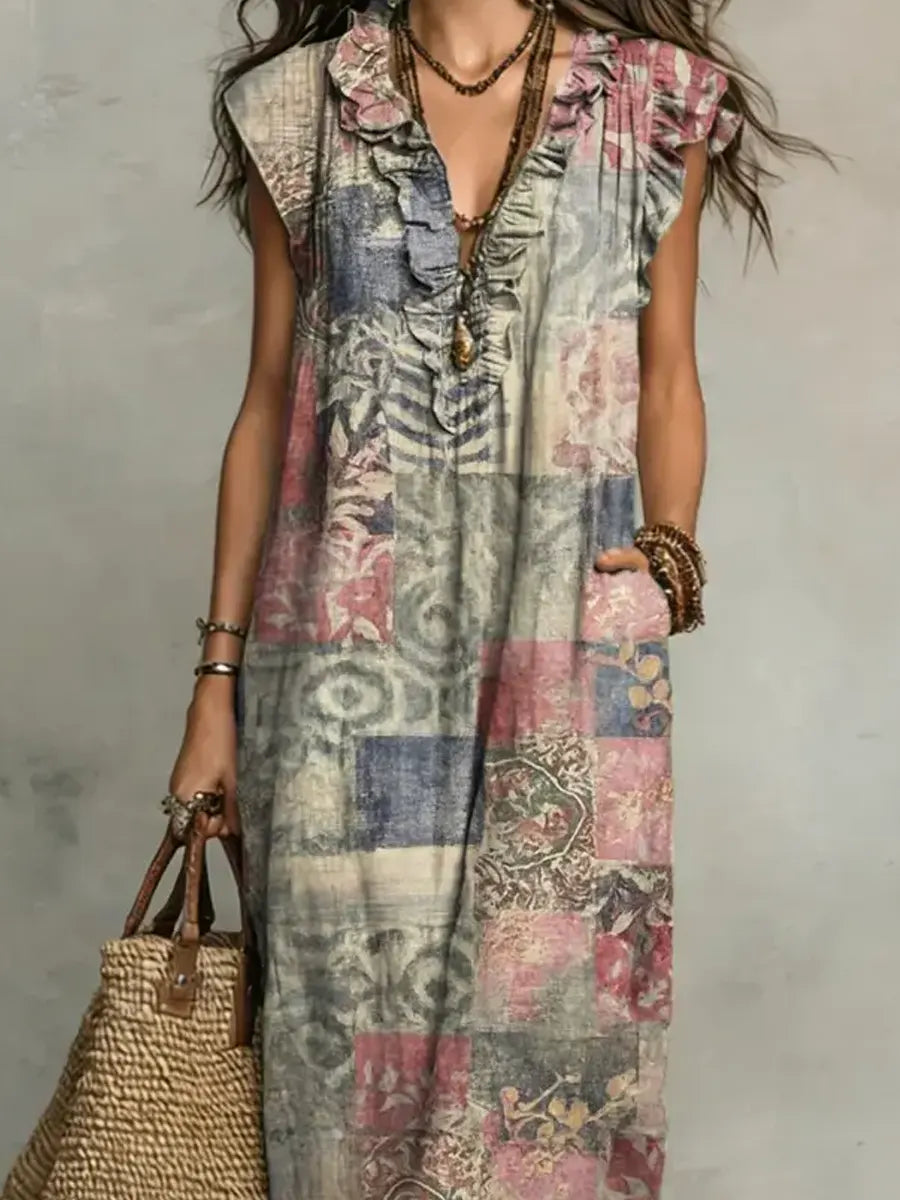 Women's Retro Floral Pattern Art Print Casual Ruffled Stylish Cotton Linen Dress