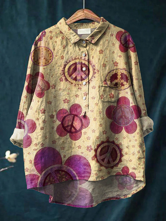 Women's Vintage Cute Hippie Style Peace Love Art Print Casual Cotton And Linen Shirt