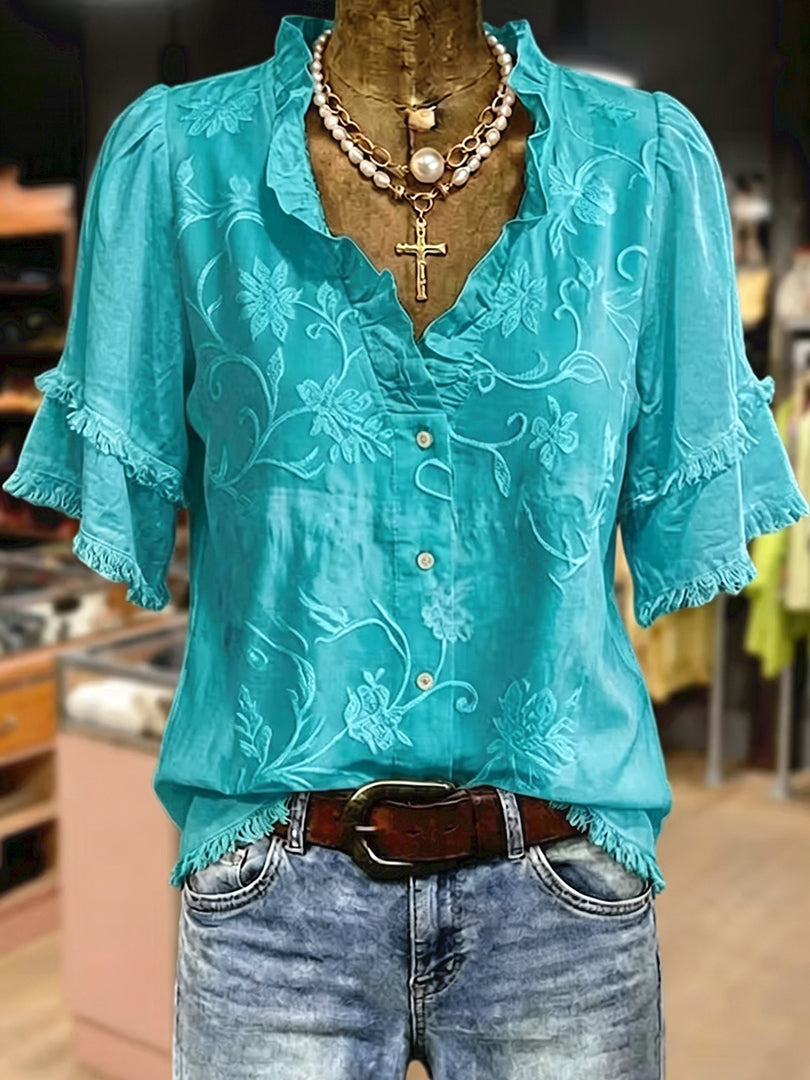 Women's Vintage Feminine Flower Jacquard Ruffle Neck Frayed Hem Cotton Top