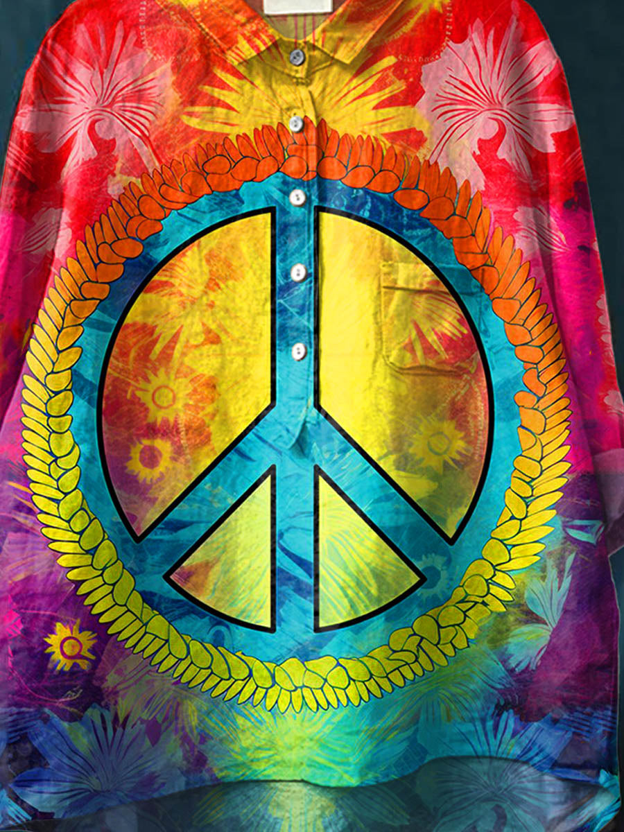 Peace And Love Flower Rainbow Art Pattern Print Casual Cotton And Linen Shirt