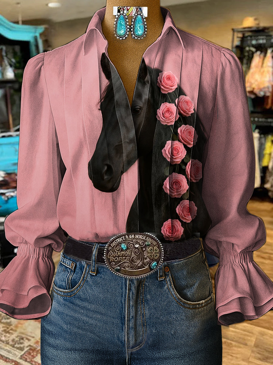 Women's Vintage Art Horse Print Casual  Cotton And Linen Shirt