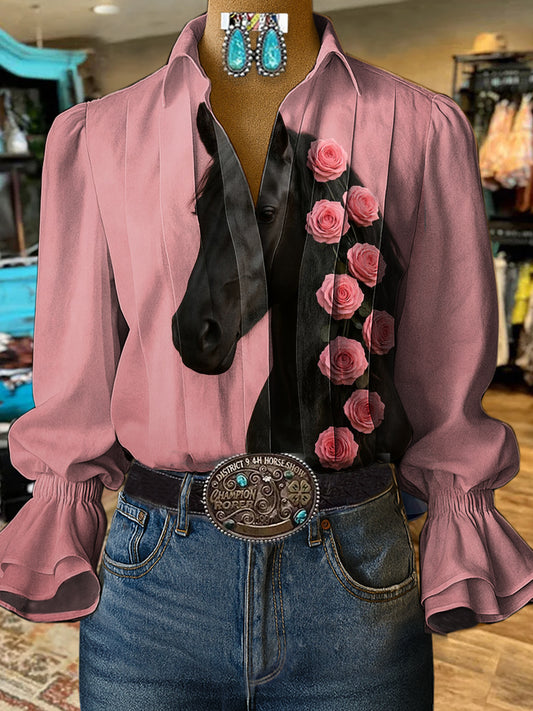 Women's Vintage Art Horse Print Casual  Cotton And Linen Shirt