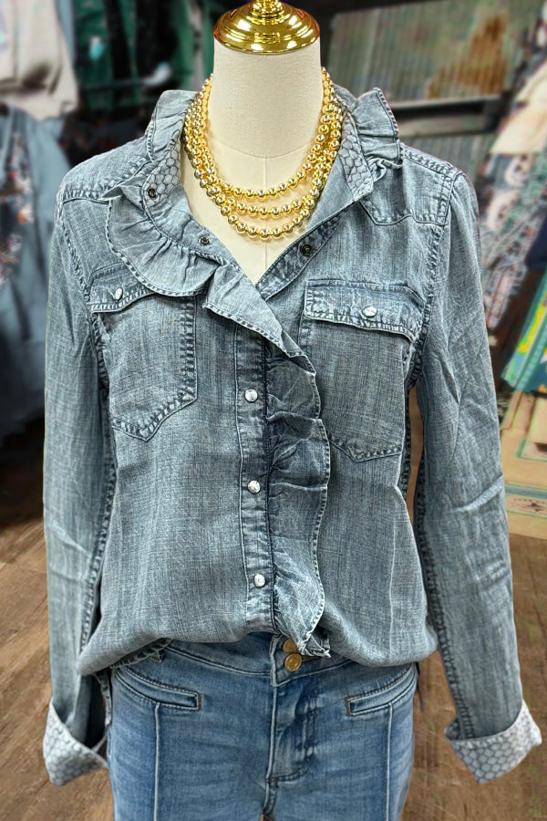 Casual Ruffle Detailed Long Sleeve Denim Top