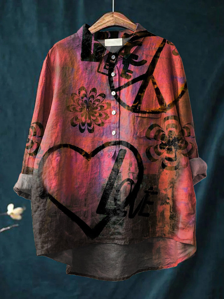 Women's Retro Anti-war Peace Heart Logo Print Casual Cotton And Linen Shirt