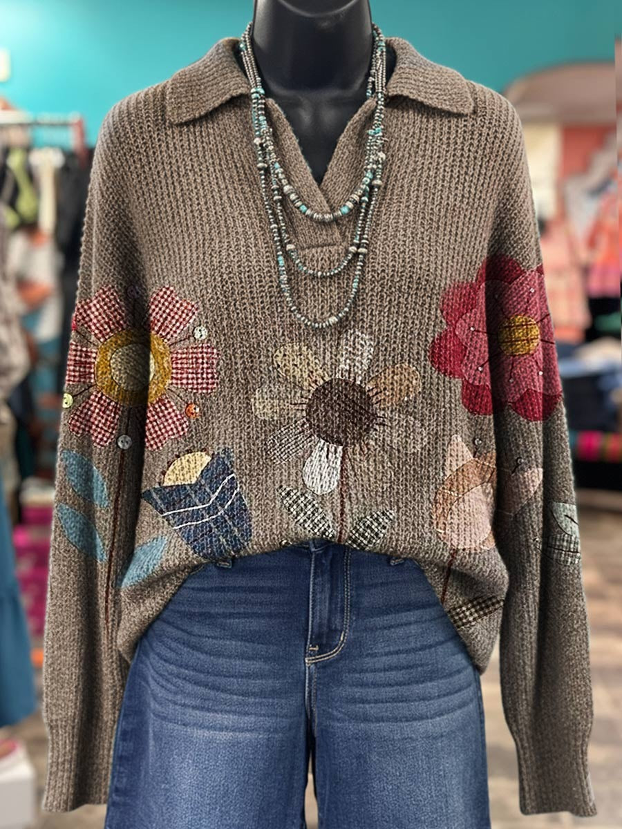 Vintage Floral Print Casual Cotton Sweatshirt