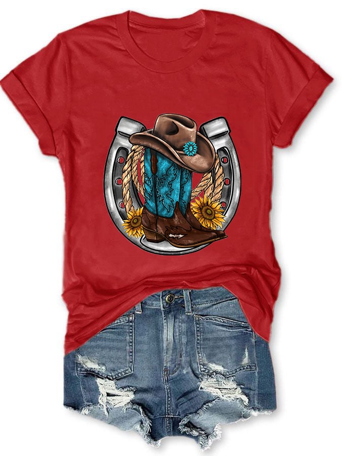 Women's Turquoise Western Boots Print Short Sleeve T-Shirt