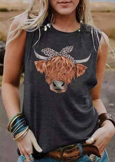 Highland Cattle Leopard O-Neck Tank - Dark Grey