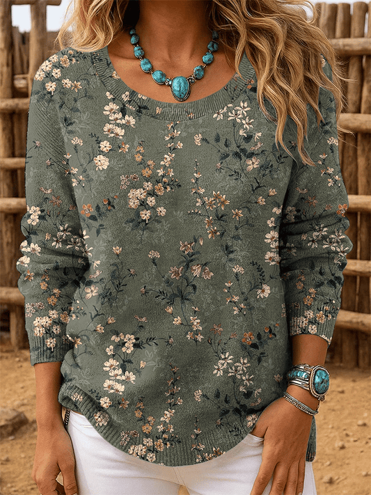 Women's Retro Western Print Crew Neck Long Sleeve Top