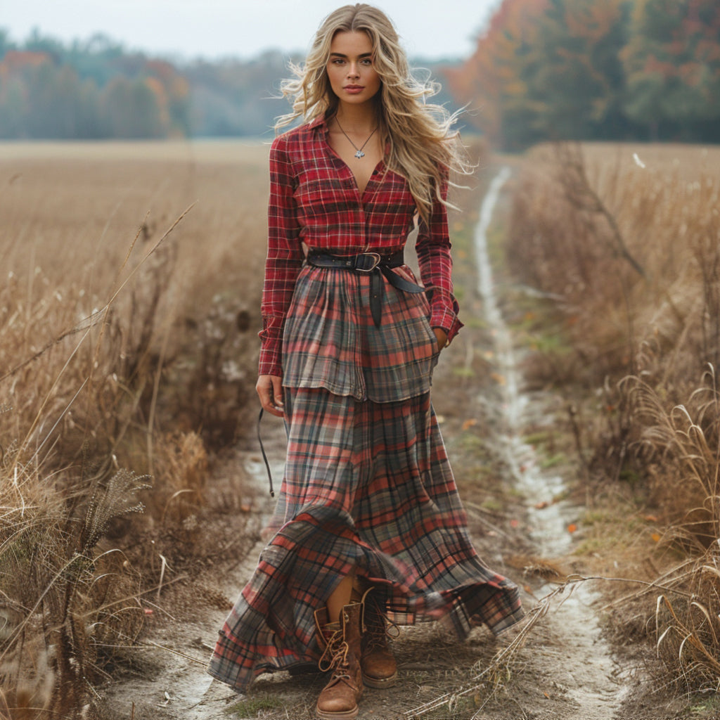 Retro V-neck Plaid Women's Long-sleeved Long Skirt Country Pastoral Retro Dress