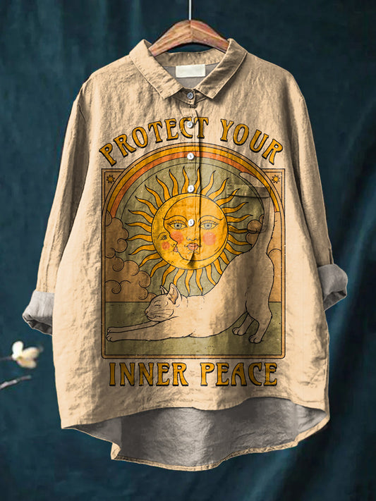 Vintage Protect Your Inner Peace Art Print Casual Cotton And Linen Shirt