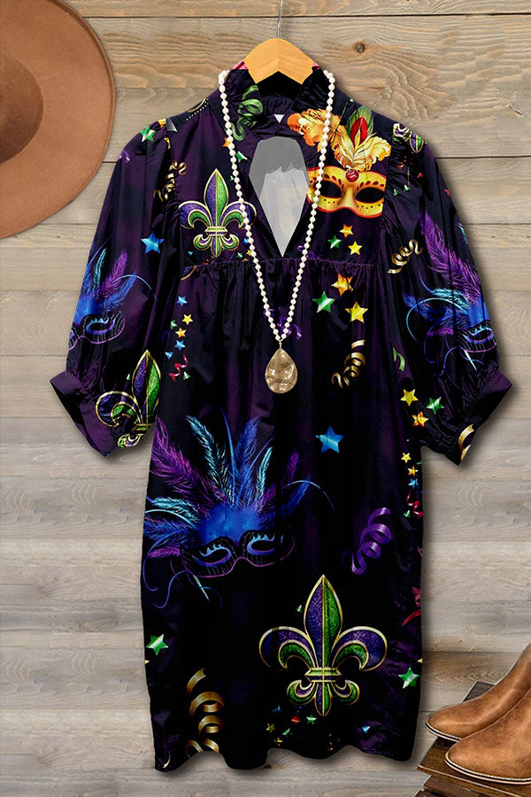 Mardi Gras Mask V-Neck Ruffled Puff Sleeve Dress