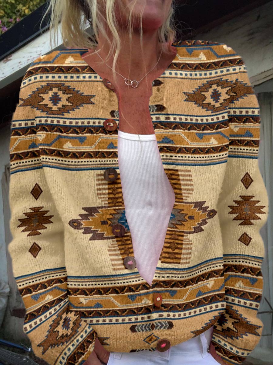Aztec Print Unisex Plush Thick Long-Sleeved Cardigan Coat