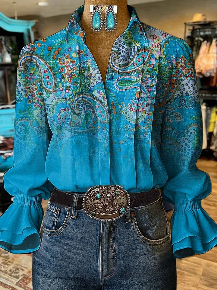 Vintage Paisley Print Casual  Cotton And Linen Shirt