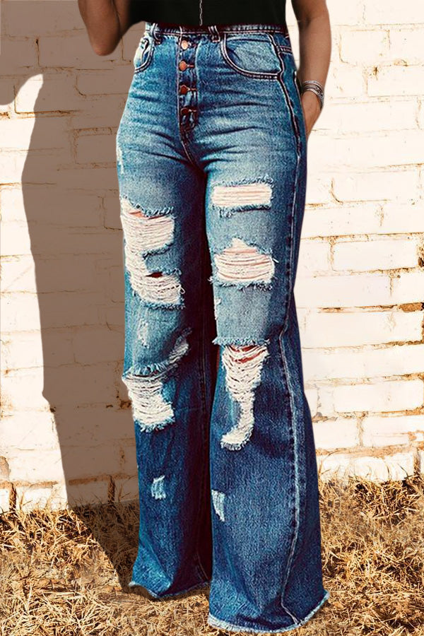 Casual Plain Wide Leg Ripped Washed Jeans