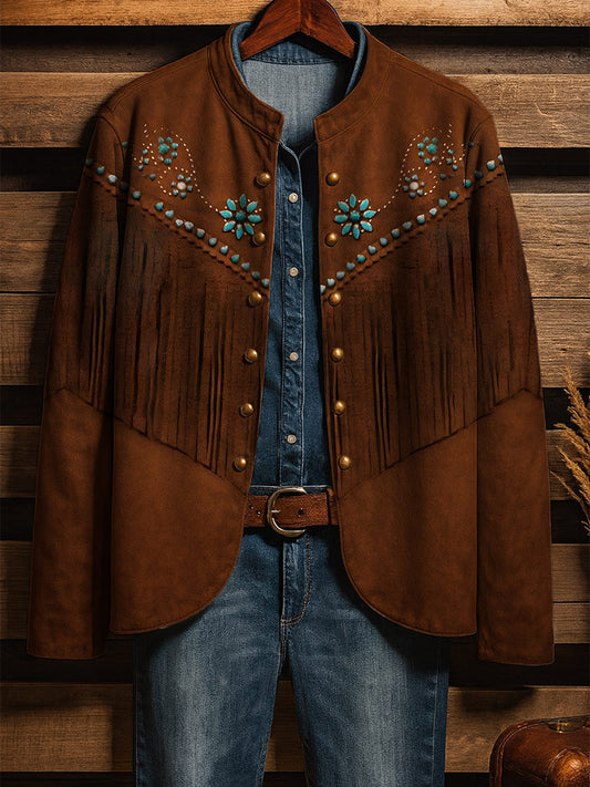 Women's Retro Cowboy Pattern Print Casual Jacket