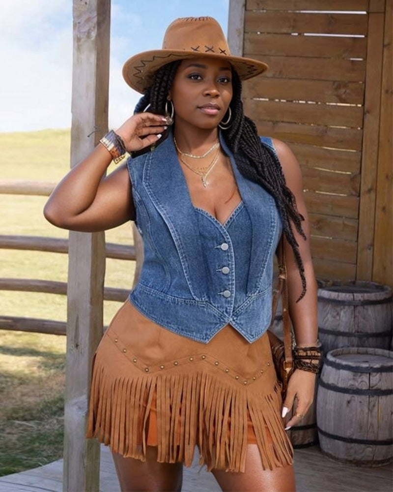 Melanin Single-Breasted Casual Denim Waistcoat